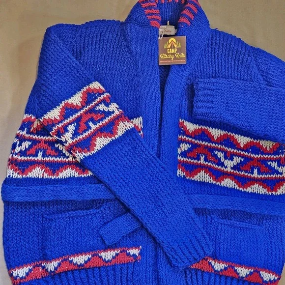 Camp Kitschy Knit Blue Chunky Wool Open Front Belt Starsky Cardigan Size 52 NWT